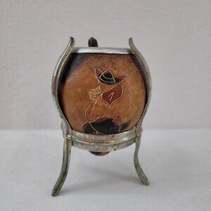 Vintage Yerba Mate Cup Gourd Engraved Footed Stand Silver? Metal Coffee Drink